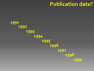 Publication date?


1991
    1992
        1993
            1994
                1995
                    1996
                        1997
                            1998
                               1999
 