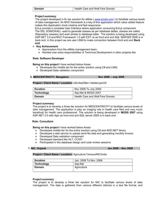 Domain Health Care and Well Fare Domain
Project summary:
The project developed in N- tier solution for eMids ( www.emids.com ) to facilitate various levels
of data management. An MVC framework is a key of this application which value added feature
makes this Application more creative and fast responsive.
Ext.js provide a complete User Interface where application consuming Ext.js component
The SSL SONICWALL used to generate classes as per database tables, classes are called
(Repository classes) and work similar to database table. The solution is being developed using
ASP.NET 3.0 and MVC Framework 1.0 with EXT.Js as front end and SQL SERVER 2008 is in
back end, in this project we are user LINQ to make connection between front end and Back
end.
 Key Achievement
 Appreciation from the eMids management team.
 Handed over extra responsibilities of Technical Development in other projects like
Role: Software Developer
Being on this project I have worked below Areas:
 Developed the middle tier for the entire solution using C# and LINQ.
 Developed Data validation component
6. MEDCENTRICITY, Bangalore Nov 2008 – July 2009 .
Project / Client Name / Location: eScribe2/Ben Haddeniya/US
Duration Nov 2008 To July 2009
Technology Asp.Net & MOSS 2007
Domain Health Care and Well Fare Domain
Project summary:
The project is to develop a three tier solution for MEDCENTRICITY to facilitate various levels of
data management. The application is play an imaging role in health care filed and very much
beneficial for health care professional. The solution is being developed in MOSS 2007 using
ASP.NET 2.0 with Ajax as front end and SQL server 2005 is in back end.
Role: Consultant
Being on this project I have worked below Areas:
 Developed middle tier for the entire solution using C# and ADO.NET library
 Developed a web service to upload word file data and generating monthly Invoice.
 Developed Data validation component
 Developed standard like HL7, CCHIT.
 Participated in the database design and code review sessions
7. NIC, Gujarat Jan 2008 – Nov 2008 .
Project / Client Name / Location: Agriculture Census/NIC/India
Duration Jan. 2008 To Nov. 2008
Technology Asp.Net
Domain Agriculture
Project summary:
The project is to develop a three tier solution for NIC to facilitate various levels of data
management. The data is gathered from various different districts in a text file format, and
 