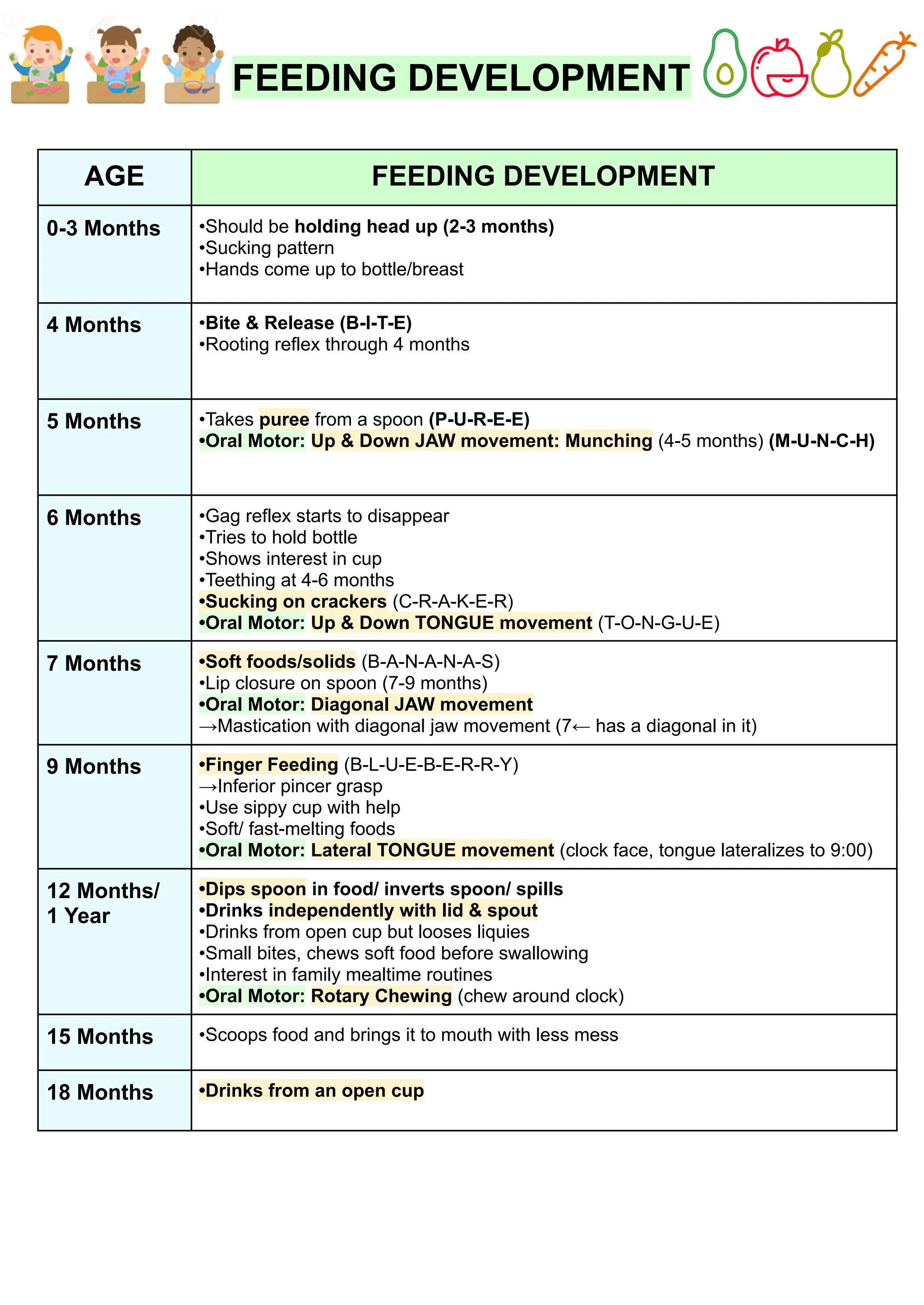 FEEDING DEVELOPMENT
AGE FEEDING DEVELOPMENT
0-3 Months •Should be holding head up (2-3 months)
•Sucking pattern
•Hands come up to bottle/breast
4 Months •Bite & Release (B-I-T-E)
•Rooting reflex through 4 months
5 Months •Takes puree from a spoon (P-U-R-E-E)
•Oral Motor: Up & Down JAW movement: Munching (4-5 months) (M-U-N-C-H)
6 Months •Gag reflex starts to disappear
•Tries to hold bottle
•Shows interest in cup
•Teething at 4-6 months
•Sucking on crackers (C-R-A-K-E-R)
•Oral Motor: Up & Down TONGUE movement (T-O-N-G-U-E)
7 Months •Soft foods/solids (B-A-N-A-N-A-S)
•Lip closure on spoon (7-9 months)
•Oral Motor: Diagonal JAW movement
→Mastication with diagonal jaw movement (7← has a diagonal in it)
9 Months •Finger Feeding (B-L-U-E-B-E-R-R-Y)
→Inferior pincer grasp
•Use sippy cup with help
•Soft/ fast-melting foods
•Oral Motor: Lateral TONGUE movement (clock face, tongue lateralizes to 9:00)
12 Months/
1 Year
•Dips spoon in food/ inverts spoon/ spills
•Drinks independently with lid & spout
•Drinks from open cup but looses liquies
•Small bites, chews soft food before swallowing
•Interest in family mealtime routines
•Oral Motor: Rotary Chewing (chew around clock)
15 Months •Scoops food and brings it to mouth with less mess
18 Months •Drinks from an open cup
 