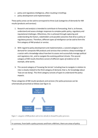 10
 policy and regulatory intelligence, often resulting in briefings
 policy development and implementation
These policy areas can be said to correspond to three (sub-)categories of demands for KM
results (products and services).
1. Research and analysis is intended to contribute to forecasting, that is, to foresee,
understand and assess strategic responses to complex public policy, regulatory and
reputational challenges. Oftentimes, this is achieved through capturing and
understanding the factors, stakeholders and possible outcomes that drive a policy or
regulatory process. Therefore, different types of intelligence can be said to form the
first category of KM product or service.
2. With regard to policy development and implementation, a second category is the
demand for composite KM products and services that combine a deep knowledge of
a sector with a knowledge about how best to assess and successfully manage political
and regulatory risk , and to navigate the evolving political climate. This second
category of KM results therefore consist of different types of evidence of, for
example, what works.
3. This second category of ‘knowing the terrain’ including how to navigate in relation to
risks is closely related to the third category of demand, that is, for knowledge about
‘how are we doing’. This third category consists of types to understand the policy
impacts.
These categories of KM results (products and services ) for policy processes can be
schematically presented as follows (see figure 1):
Figure 1: categories of KM products and services already in demand for policy processes.
In summary, from both a policy process and from a KM lens, there are areas of policy
types of
intelligence
types of
impacts
types of
evidence
 