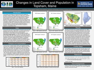 Changes in Land Cover and Population in
Topsham, Maine
Paul Morris | Faculty Member: Professor Vinton Valentine, Geography-Anthropology | University of Southern Maine
Introduction
The purpose of this project is to examine land cover change and
population change in Topsham, Maine from 1996 to 2010. Following
the closure of the Naval Air Station Brunswick (NAS Brunswick), it
seems as though the population of the neighboring town, Topsham
has decreased in recent years; however, despite this population
decrease, there appears to be more and more built-up areas and less
forest cover. Therefore, this study seeks to answer this question: How
is population change related to land cover change in terms of built-up
and forest land use/cover? I hypothesize that the presence of built-up
land will increase in a significant manner despite the decline in
population. The findings of the project will also be compared to
Topsham’s Comprehensive Plan.
Data
Analysis and Interpretation
Results
References
Acknowledgements
Various data were used in the evaluation of Topsham’s land cover and
population over time from 1996 to 2010. Land cover data sets were
downloaded from the National Oceanic and Atmospheric
Administration’s (NOAA) Office for Coastal Management website
(http://coast.noaa.gov/ccapftp/). Four land cover data sets were used
from the years, 1996, 2001, 2006, and 2010. Census block data from
the years of 2000 and 2010 were downloaded from the Maine Office of
Geographic Information Systems (MEGIS) website. The assistant
planner for Topsham, Rod Melanson supplied the shapefiles for a
projected growth zone, a projected rural zone, and a divider between
the two areas. The 2005 Topsham Comprehensive Plan was also
used, which split Topsham into a development zone and a rural zone.
Data. Retrieved December 12, 2014, from http://coast.noaa.gov/ccapftp/.
Maine Office of GIS Data Catalog. (2011). Retrieved December 12, 2014,
from http://www.maine.gov/megis/catalog/.
Topsham Town Office.
If the shapefile containing the future land use plan (Figure 5) from
the 2005 Topsham Comprehensive Plan could be obtained, then
growth areas could be looked at more closely. Overlays showing
the land cover differences between years could also help identify
where exactly land cover change is occurring.
The area of developed land increased significantly from 1996 to
2010 while the amount of forested land declined by a fair amount.
This was accompanied by a population drop from 9,100 to 8,784
people in the same time frame. Development in both the growth
and rural zones increased significantly. Forest in the growth area
decreased significantly while in the rural area, it decreased by
1.84%. There were also several small areas outside of the growth
zone that saw increases in developed land. There are many other
studies attributing population growth to increases in developed
land. However, as shown by this data, this is not always true at a
smaller scale. The large increase in developed land despite the
decrease in population could be partly related to the declining
business sector in the neighboring town of Brunswick’s Cook’s
Corner. However, despite the recent decline in population, there
does appear to be some new residential developments after 2005.
Thanks to Professor Vinton Valentine, Rod Melanson, the Assistant Planner
for Topsham, and my GEO 481: Applications in GIS 2 class for suggestions,
resources, and help with the project.
The land cover in Topsham Maine makes some significant changes
and some minor changes between the years of 1996 and 2010. From
1996 to 2010, developed area increased by 24.75% and forested
area decreased by 5.05%. One statistic that stands out is from 2001
to 2006, developed area increased by 14.17%. It is worth noting that
the land cover for the year of 2001 contains 162 km2 more area than
the other years. However, this only represents an error of less than
.18%. The population of Topsham in 2000 was 9,100 and fell to 8,784
by 2010, representing a 3.60% decrease in population. This shows a
negative correlation between population growth and developed land
growth.
10/9/2005
Figure 1: 1996 Topsham Land Cover Figure 2: 2001 Topsham Land Cover
Figure 3: 2006 Topsham Land Cover Figure 4: 2010 Topsham Land Cover
Figure 5: 2005 Future Land Use plan
Table 1: Land Cover Statistics Table 2: Land Cover Statistics in Growth and Rural Zones
Further Steps
Figure 6: Topsham
 