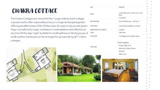 CHAKRA COTTAGE
The ChakraCottagesare named for the 7 yoga chakras.Each cottage
is positioned to offer reasonable privacyin a huge landscaped garden
offering excellentviews of the Chittar Lake.An open to sky private green
Yoga court allowsfor yoga, meditation,contemplation and reflection at
any time Of the day/ night. Suitable for small wellnessor familygroups.A
small outdoor barbeque can be arranged for groupstaking all 7 chakra
cottages.
 