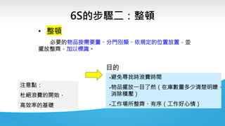 6S的步驟二：整頓
• 整頓
必要的物品按需要量、分門別類、依規定的位置放置，並
擺放整齊，加以標識。
▪避免尋找時浪費時間
▪物品擺放一目了然（在庫數量多少清楚明瞭，
消除積壓）
▪工作場所整齊、有序（工作好心情）
注意點：
杜絕浪費的開始，
高效率的基礎
目的
 