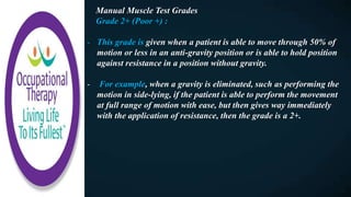 Manual Muscle Test Grades
Grade 2+ (Poor +) :
- This grade is given when a patient is able to move through 50% of
motion or less in an anti-gravity position or is able to hold position
against resistance in a position without gravity.
- For example, when a gravity is eliminated, such as performing the
motion in side-lying, if the patient is able to perform the movement
at full range of motion with ease, but then gives way immediately
with the application of resistance, then the grade is a 2+.
 
