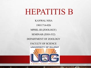 HEPATITIS B
KANWAL NISA
19011714-026
MPHIL-III (ZOOLOGY)
SEMINAR (ZOO-532)
DEPARTMENT OF ZOOLOGY
FACULTY OF SCIENCE
 