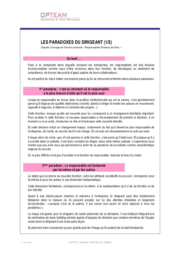 LES PARADOXES DU DIRIGEANT (1/2)                  Dʼaprès lʼouvrage de Vincent Lenhardt « Responsables Porteurs de Sens » ...