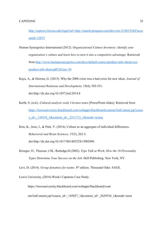 CAPSTONE 35
http://ezproxy.lewisu.edu/login?url=http://search.proquest.com/docview/218615344?acco
untid=12073
Human Synergistics International (2012). Organizational Culture Inventory: Identify your
organization’s culture and learn how to turn it into a competitive advantage. Retrieved
from http://www.humansynergistics.com/docs/default-source/product-info-sheets/oci-
product-info-sheet.pdf?sfvrsn=10
Kaya, A., & Herrera, G. (2015). Why the 2008 crisis was a bad crisis for new ideas. Journal of
International Relations and Development, 18(4), 505-531.
doi:http://dx.doi.org/10.1057/jird.2014.8
Kerth, S. (n.d.). Cultural analysis week 3 lecture notes [PowerPoint slides]. Retrieved from
https://lewisuniversity.blackboard.com/webapps/blackboard/content/listContent.jsp?cours
e_id=_136518_1&content_id=_2311713_1&mode=resetq
Kim, K., Jeon, J., & Park, Y. (2014). Culture as an aggregate of individual differences.
Behavioral and Brain Sciences, 37(3), 262-3.
doi:http://dx.doi.org/10.1017/S0140525X13002896
Kroeger, O., Thuesen, J.M., Rutledge,H.(2002). Type Talk at Work, How the 16 Personality
Types Determine Your Success on the Job. Dell Publishing. New York, NY.
Levi, D. (2014). Group dynamics for teams. 4th edition. Thousand Oaks: SAGE.
Lewis University, (2016).Week1 Capstone Case Study.
https://lewisuniversity.blackboard.com/webapps/blackboard/cont
ent/listContent.jsp?course_id=_145027_1&content_id=_2629554_1&mode=reset
 
