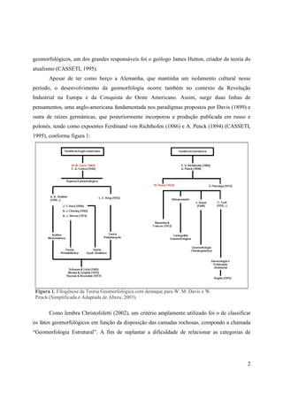 2
geomorfológicos, um dos grandes responsáveis foi o geólogo James Hutton, criador da teoria do
atualismo (CASSETI, 1995).
Apesar de ter como berço a Alemanha, que mantinha um isolamento cultural nesse
período, o desenvolvimento da geomorfologia ocorre também no contexto da Revolução
Industrial na Europa e da Conquista do Oeste Americano. Assim, surge duas linhas de
pensamentos, uma anglo-americana fundamentada nos paradigmas propostos por Davis (1899) e
outra de raízes germânicas, que posteriormente incorporou a produção publicada em russo e
polonês, tendo como expoentes Ferdinand von Richthofen (1886) e A. Penck (1894) (CASSETI,
1995), conforme figura 1:
Figura 1. Filogênese da Teoria Geomorfológica com destaque para W. M. Davis e W.
Penck (Simplificada e Adaptada de Abreu, 2003).
Como lembra Christofoletti (2002), um critério amplamente utilizado foi o de classificar
os fatos geomorfológicos em função da disposição das camadas rochosas, compondo a chamada
“Geomorfologia Estrutural”. A fim de suplantar a dificuldade de relacionar as categorias de
 