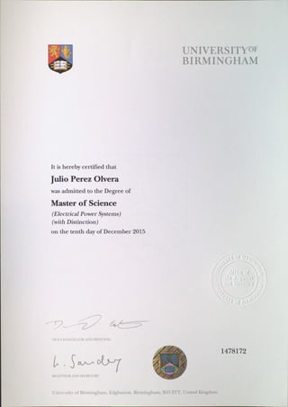 MSc Degree Certificate Julio