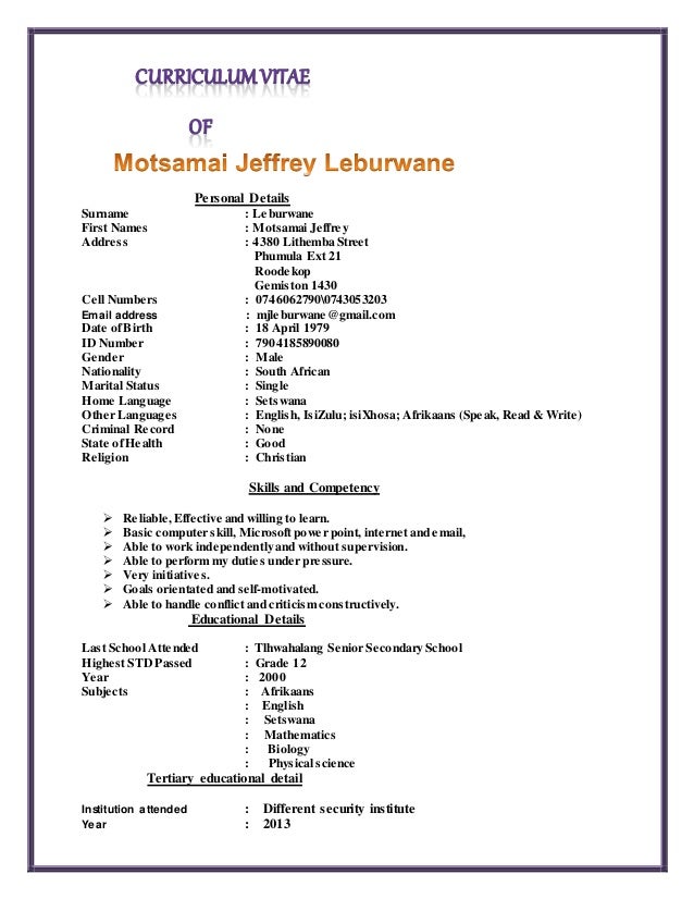 Motsamai Jeffrey Leburwane Curriculm Vitae