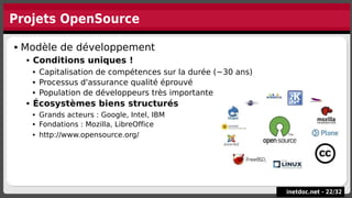 Projets OpenSource
inetdoc.net -
inetdoc.net - 22
22/
/32
32
 Modèle de développement
 Conditions uniques !
 Capitalisation de compétences sur la durée (~30 ans)
 Processus d'assurance qualité éprouvé
 Population de développeurs très importante
 Écosystèmes biens structurés
 Grands acteurs : Google, Intel, IBM
 Fondations : Mozilla, LibreOffice
 http://www.opensource.org/
 Modèle de développement
 Conditions uniques !
 Capitalisation de compétences sur la durée (~30 ans)
 Processus d'assurance qualité éprouvé
 Population de développeurs très importante
 Écosystèmes biens structurés
 Grands acteurs : Google, Intel, IBM
 Fondations : Mozilla, LibreOffice
 http://www.opensource.org/
 