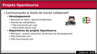 Projets OpenSource
inetdoc.net -
inetdoc.net - 23
23/
/32
32
 Communautés & Outils de travail collaboratif
 Développement
 Services en ligne - github et gitorious
 Fermes de compilation
 http://savannah.gnu.org/
 http://alioth.debian.org/
 Répertoires de projets OpenSource
 Métriques : qualité, popularité, dynamique de développement
 http://freecode.com/
 http://sourceforge.net/
 Communautés & Outils de travail collaboratif
 Développement
 Services en ligne - github et gitorious
 Fermes de compilation
 http://savannah.gnu.org/
 http://alioth.debian.org/
 Répertoires de projets OpenSource
 Métriques : qualité, popularité, dynamique de développement
 http://freecode.com/
 http://sourceforge.net/
 