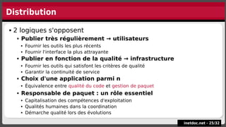 Distribution
inetdoc.net -
inetdoc.net - 25
25/
/32
32
 2 logiques s'opposent
 Publier très régulièrement → utilisateurs
 Fournir les outils les plus récents
 Fournir l'interface la plus attrayante
 Publier en fonction de la qualité → infrastructure
 Fournir les outils qui satisfont les critères de qualité
 Garantir la continuité de service
 Choix d'une application parmi n
 Équivalence entre qualité du code et gestion de paquet
 Responsable de paquet : un rôle essentiel
 Capitalisation des compétences d'exploitation
 Qualités humaines dans la coordination
 Démarche qualité lors des évolutions
 2 logiques s'opposent
 Publier très régulièrement → utilisateurs
 Fournir les outils les plus récents
 Fournir l'interface la plus attrayante
 Publier en fonction de la qualité → infrastructure
 Fournir les outils qui satisfont les critères de qualité
 Garantir la continuité de service
 Choix d'une application parmi n
 Équivalence entre qualité du code et gestion de paquet
 Responsable de paquet : un rôle essentiel
 Capitalisation des compétences d'exploitation
 Qualités humaines dans la coordination
 Démarche qualité lors des évolutions
 