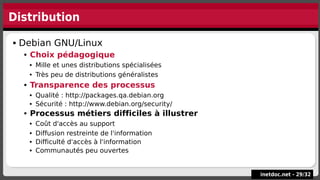Distribution
inetdoc.net -
inetdoc.net - 29
29/
/32
32
 Debian GNU/Linux
 Choix pédagogique
 Mille et unes distributions spécialisées
 Très peu de distributions généralistes
 Transparence des processus
 Qualité : http://packages.qa.debian.org
 Sécurité : http://www.debian.org/security/
 Processus métiers difficiles à illustrer
 Coût d'accès au support
 Diffusion restreinte de l'information
 Difficulté d'accès à l'information
 Communautés peu ouvertes
 Debian GNU/Linux
 Choix pédagogique
 Mille et unes distributions spécialisées
 Très peu de distributions généralistes
 Transparence des processus
 Qualité : http://packages.qa.debian.org
 Sécurité : http://www.debian.org/security/
 Processus métiers difficiles à illustrer
 Coût d'accès au support
 Diffusion restreinte de l'information
 Difficulté d'accès à l'information
 Communautés peu ouvertes
 