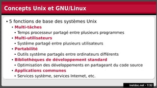 Concepts Unix et GNU/Linux
 5 fonctions de base des systèmes Unix
 Multi-tâches
 Temps processeur partagé entre plusieurs programmes
 Multi-utilisateurs
 Système partagé entre plusieurs utilisateurs
 Portabilité
 Outils système partagés entre ordinateurs différents
 Bibliothèques de développement standard
 Optimisation des développements en partageant du code source
 Applications communes
 Services système, services Internet, etc.
 5 fonctions de base des systèmes Unix
 Multi-tâches
 Temps processeur partagé entre plusieurs programmes
 Multi-utilisateurs
 Système partagé entre plusieurs utilisateurs
 Portabilité
 Outils système partagés entre ordinateurs différents
 Bibliothèques de développement standard
 Optimisation des développements en partageant du code source
 Applications communes
 Services système, services Internet, etc.
inetdoc.net -
inetdoc.net - 7
7/
/32
32
 