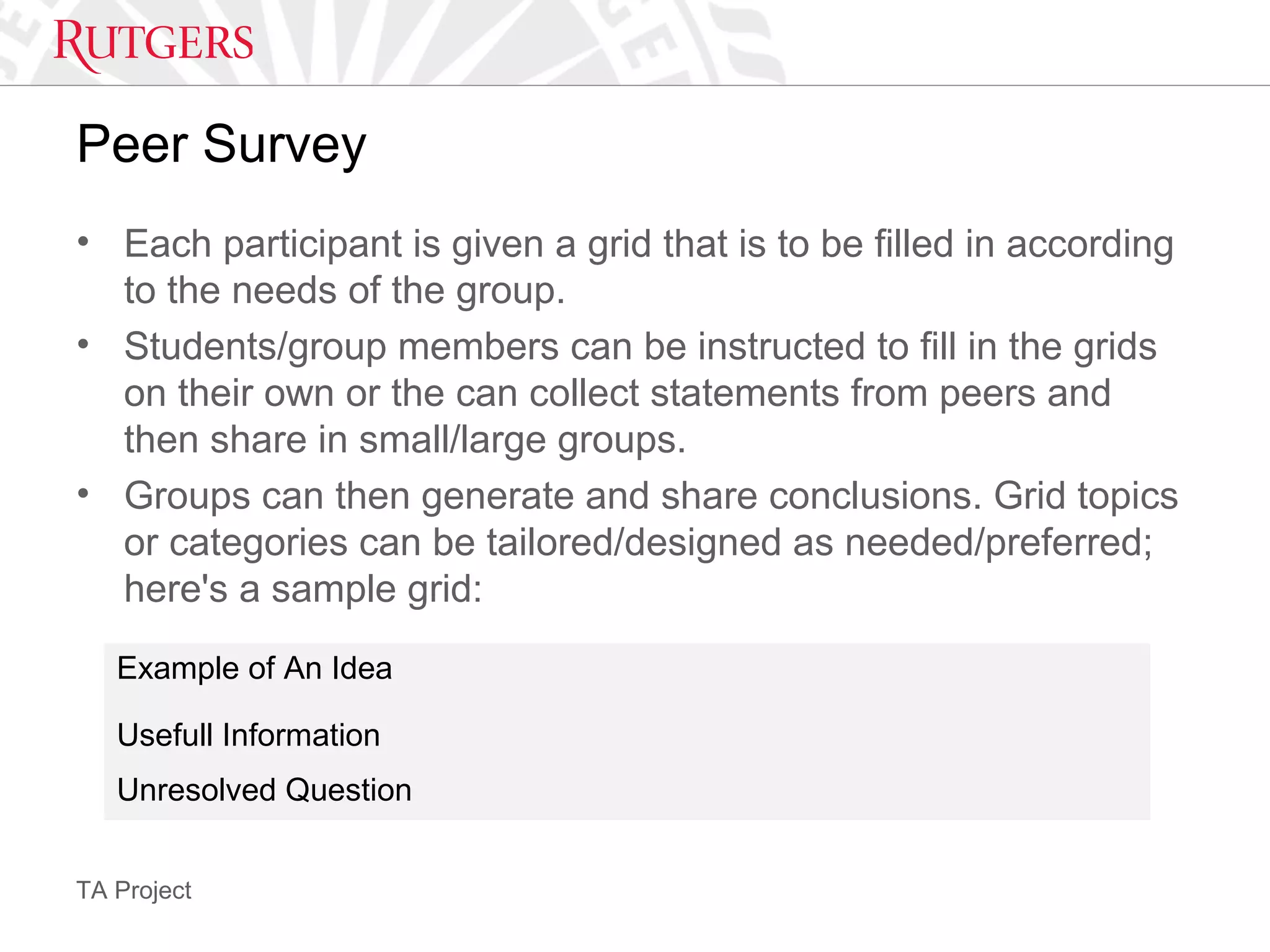 TA Project
Peer Survey
• Each participant is given a grid that is to be filled in according
to the needs of the group.
• Students/group members can be instructed to fill in the grids
on their own or the can collect statements from peers and
then share in small/large groups.
• Groups can then generate and share conclusions. Grid topics
or categories can be tailored/designed as needed/preferred;
here's a sample grid:
Example of An Idea
Usefull Information
Unresolved Question
 