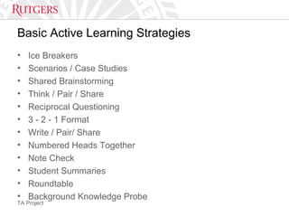 TA Project
Basic Active Learning Strategies
• Ice Breakers
• Scenarios / Case Studies
• Shared Brainstorming
• Think / Pair / Share
• Reciprocal Questioning
• 3 - 2 - 1 Format
• Write / Pair/ Share
• Numbered Heads Together
• Note Check
• Student Summaries
• Roundtable
• Background Knowledge Probe
 