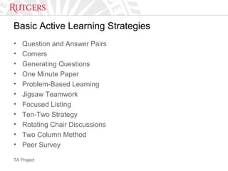 TA Project
Basic Active Learning Strategies
• Question and Answer Pairs
• Corners
• Generating Questions
• One Minute Paper
• Problem-Based Learning
• Jigsaw Teamwork
• Focused Listing
• Ten-Two Strategy
• Rotating Chair Discussions
• Two Column Method
• Peer Survey
 