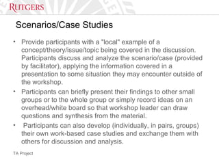 TA Project
Scenarios/Case Studies
• Provide participants with a "local" example of a
concept/theory/issue/topic being covered in the discussion.
Participants discuss and analyze the scenario/case (provided
by facilitator), applying the information covered in a
presentation to some situation they may encounter outside of
the workshop.
• Participants can briefly present their findings to other small
groups or to the whole group or simply record ideas on an
overhead/white board so that workshop leader can draw
questions and synthesis from the material.
• Participants can also develop (individually, in pairs, groups)
their own work-based case studies and exchange them with
others for discussion and analysis.
 