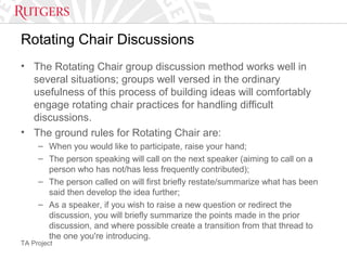 TA Project
Rotating Chair Discussions
• The Rotating Chair group discussion method works well in
several situations; groups well versed in the ordinary
usefulness of this process of building ideas will comfortably
engage rotating chair practices for handling difficult
discussions.
• The ground rules for Rotating Chair are:
– When you would like to participate, raise your hand;
– The person speaking will call on the next speaker (aiming to call on a
person who has not/has less frequently contributed);
– The person called on will first briefly restate/summarize what has been
said then develop the idea further;
– As a speaker, if you wish to raise a new question or redirect the
discussion, you will briefly summarize the points made in the prior
discussion, and where possible create a transition from that thread to
the one you're introducing.
 