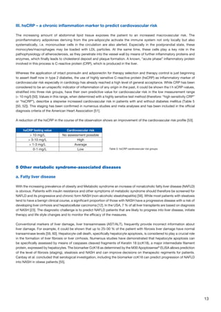 13
III. hsCRP – a chronic inflammation marker to predict cardiovascular risk
The increasing amount of abdominal lipid tissue exposes the patient to an increased macrovascular risk. The
proinflammatory adipokines deriving from the pre-adipocyte activate the immune system not only locally but also
systematically, i.e. mononuclear cells in the circulation are also alerted. Especially in the postprandial state, these
monocytes/macrophages may be loaded with LDL particles. At the same time, these cells play a key role in the
pathophysiology of atherosclerosis, as they penetrate into the vessel wall by means of further inflammatory proteins and
enzymes, which finally leads to cholesterol deposit and plaque formation. A known, “acute phase” inflammatory protein
involved in this process is C-reactive protein (CRP), which is produced in the liver.
Whereas the application of intact proinsulin and adiponectin for therapy selection and therapy control is just beginning
to assert itself now in type 2 diabetes, the use of highly sensitive C-reactive protein (hsCRP) as inflammatory marker of
cardiovascular risk especially in cardiology has already reached a high level of general acceptance. While CRP has been
considered to be an unspecific indicator of inflammation of any origin in the past, it could be shown tha t h sCRP-values,
stratified into three risk groups, have their own predictive value for cardiovascular risk in the low measurement range
( 10 mg/l) [50]. Values in this range, when determined with a highly sensitive test method (therefore: “high sensitivity CRP”
or “hsCRP”), describe a stepwise increased cardiovascular risk in patients with and without diabetes mellitus (Table 5
[50, 52]). This staging has been confirmed in numerous studies and meta analyses and has been included in the official
diagnosis criteria of the American Heart Association [51].
A reduction of the hsCRP in the course of the observation shows an improvement of the cardiovascular risk profile [53].
5 Other metabolic syndrome-associated diseases
a. Fatty liver disease
With the increasing prevalence of obesity and Metabolic syndrome an increase of nonalcoholic fatty liver disease (NAFLD)
is obvious. Patients with insulin resistance and other symptoms of metabolic syndrome should therefore be screened for
NAFLD and its progressive and chronic form NASH (non-alcoholic steatohepatitis) [56]. While most patients with steatosis
tend to have a benign clinical course, a significant proportion of those with NASH have a progressive disease with a risk of
developing liver cirrhosis and hepatocellular carcinoma [12]. In the USA, 7 % of all liver transplants are based on diagnosis
of NASH [23]. The diagnostic challenge is to predict NAFLD patients that are likely to progress into liver disease, initiate
therapy and life style changes and to monitor the efficacy of the measures.
Conventional markers of liver damage, liver transaminases (AST/ALT), frequently provide incorrect information about
liver damage. For example, it could be shown that up to 25–30 % of the patient with fibrosis liver damage have normal
transaminase levels [59, 60]. Hepatocyte cell death, specifically hepatocyte apoptosis, is considered to play a crucial role
in the formation of liver fibrosis or liver cirrhosis. Numerous studies have demonstrated that hepatocyte apoptosis can
be specifically assessed by means of caspases cleaved fragments of Keratin 18 (ccK18), a major intermediate filament
protein, expressed by hepatocytes. The biomarker CcK18 as determined by the M30 Apoptosense®
ELISA allows prediction
of the level of fibrosis (staging), steatosis and NASH and can improve decisions on therapeutic regiments for patients.
Canbay et al. concluded that serological investigation, including the biomarker ccK18 can predict progression of NAFLD
into NASH in obese patients [55].
hsCRP fasting value Cardiovascular risk
 10 mg/L No assessment possible
 3-10 mg/L High
 1-3 mg/L Average
	 0-1 mg/L Low Table 5: hsCRP cardiovascular risk groups
 