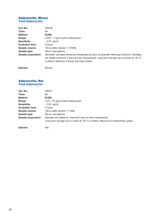 22
Adiponectin, Mouse
Total Adiponectin
Cat. No.: 	 E091M
Tests: 	 96
Method: 	 ELISA
Range: 	 0.025 - 1 ng/ml native Adiponectin
Sensitivity: 	 ~ 0.01 ng/ml
Incubation time: 	 3 hours
Sample volume: 	100 µl (after dilution 1:10’000)
Sample type: 	Serum and plasma
Sample preparation: 	Generally, samples should be refrigerated as soon as possible following collection. Samples
are stable maximum 2 days at room temperature. Long-term storage up to 2 years at -20 °C
or below. Maximun 5 freeze and thaw cycles.
Species:	Mouse
Adiponectin, Rat
Total Adiponectin
Cat. No.: 	 E091R
Tests: 	 96
Method: 	 ELISA
Range: 	 0.25 – 10 ng/ml native Adiponectin
Sensitivity: 	 ~ 0.01 ng/ml
Incubation time: 	 3 hours
Sample volume: 	100 µl (after dilution 1:1’500)
Sample type: 	Serum and plasma
Sample preparation: 	Samples are stable for maximal 2 days at room temperature.
Long-term storage up to 2 years at -20 °C or below. Maximum 5 freeze/thaw cycles.
Species:	Rat
 