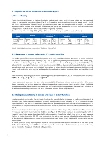 8
II. HOMA score to assess early stages of β-cell dysfunction
The HOMA (Homeostasis model assessment) score is an easy method to estimate the degree of insulin resistance
non-diabetic or early stage diabetic patients [24,25]. It can be applied only if intact proinsulin levels are in the normal range,
as the total secretion activity of the β-cell is under this condition represented by the fasting insulin levels. The HOMA score
is based on the assumption that under normal conditions, a normal blood glucose value is associated with a matching
normal insulin level, which may vary individually from patient to patient. Insulin resistance is indicated, if at this normal
insulin level, an elevated blood glucose is observed, or if more insulin is required to maintain blood glucose at its normal
level.
After determining the fasting serum insulin and fasting plasma glucose levels the HOMA-IR score is calculated as follows:
HOMA = Insulin [μU/ml] x Glucose [mmol/l] /22.5.
Insulin resistance is assumed if the score value exceeds 2 [25]. Of particular interest are changes in the HOMA score
during therapeutic interventions, as a score reduction represents an improvement in insulin sensitivity. Again, the HOMA
score should only be used in patients with stage I and II of β-cell dysfunction (see Figure 3), because intact Proinsulin is
an additional marker for β-cell activity that is not considered in the HOMA-IR score equation.
III. Intact proinsulin testing to assess late stage β-cell dysfunction
Intact proinsulin is produced in the pancreatic β-cells and is normally further processed to insulin and C-peptide. It is
only seen in low concentrations in the plasma of healthy subjects, as it is rapidly degraded (T 1/2
is 15 minutes). Proinsulin
cleavage products (like des32,33) are stable for several hours. As these fragments are inactive and can make up to 50 %
of total Proinsulin, only assays specifically measuring intact proinsulin are suitable to indicate advanced β-cell dysfunction
and IR.
An increase in the insulin demand, as provided by insulin resistance in later stages of type 2 diabetes mellitus, can result
in increased expression of proinsulin into the blood (see Figure 3). When intact proinsulin is secreted together with or
instead of insulin in the fasting state (stage III of β-cells dysfunction, Figure 3) the HOMA score cannot be used to assess
the level of β-cells dysfunction [26, 27]. Intact proinsulin is also able to lower glucose values but is not considered in the
HOMA equations. Measurement of fasting intact proinsulin has been shown to be a very specific indicator and clinically
significant IR.
In clinical practice, fasting morning intact proinsulin can be used as highly specific indicator of of late stage β-cell
dysfunction and clinically relevant IR. It can also to serve as the basis for the selection of an insulin resistance therapy,
and to monitor the therapeutic effect on β-cell dysfunction.
c. Diagnosis of insulin resistance and diabetes type 2
I. Glucose testing
Today, diagnosis and therapy of the type 2 diabetes mellitus is still based on blood sugar values and the associated
values for glycosylated hemoglobin (HbA1c). WHO 2011 guidelines describe that fasting glucose should be 127 mg/dl
and HbA1c  48 mmol/mol. In addition an oral glucose tolerance test (OGTT) is often performed. During an OGGT glucose
is given and blood samples taken afterward to determine how quickly it is cleared from the blood. WHO recommends for
a 75g oral dose in all adults: the dose is adjusted for weight only in children.
Glucose levels  11.1 mmol/L ( 200 mg/dL) at 2 hours confirms the diagnosis of diabetes (see Table 4).
Glucose
levels
Normal
Impaired fasting
glycaemia
Impaired glucose
tolerance
Diabetes
mellitus
Venous Plasma Fasting 2hrs Fasting 2hrs Fasting 2hrs Fasting 2hrs
(mmol/L) 6.1 7.8  6.1  7.0 7.8 7.0 7.8 7.0 11.1
(mg/dL) 110 140 110  126 140 126 140 126 200
Table 4: 1999 WHO Diabetes criteria - Interpretation of Oral Glucose Tolerance Test
 