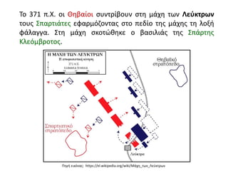 Το 371 π.Χ. οι Θηβαίοι συντρίβουν στη μάχη των Λεύκτρων
τους Σπαρτιάτες εφαρμόζοντας στο πεδίο της μάχης τη λοξή
φάλαγγα. Στη μάχη σκοτώθηκε ο βασιλιάς της Σπάρτης
Κλεόμβροτος.
Πηγή εικόνας: https://el.wikipedia.org/wiki/Μάχη_των_Λεύκτρων
 