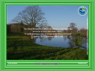 “ Os céus declaram a glória de Deus e o firmamento  anuncia a obra das suas mãos.” “ O qual (Jesus Cristo) é imagem do Deus invisível” (Salmo 19:1; Colossenses 1:15) SLIDE ANTERIOR PRÓXIMO SLIDE LANCANDO SEMENTES PELOS CAMINHOS ™  ESTE POWER POINT E PROPRIEDADE  EXCLUSIVA DE JESUS CRISTO GRUPO LANÇANDO SEME NTES PELOS CAMINHOS REFLEXÃO 2011 