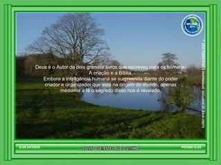 Deus é o Autor de dois grandes livros que escreveu para os homens:  A criação e a Bíblia.  Embora a inteligência humana se surpreenda diante do poder  criador e organizador que está na origem do mundo, apenas  mediante a fé o segredo disso nos é revelado.  SLIDE ANTERIOR PRÓXIMO SLIDE LANCANDO SEMENTES PELOS CAMINHOS ™  ESTE POWER POINT E PROPRIEDADE  EXCLUSIVA DE JESUS CRISTO GRUPO LANÇANDO SEME NTES PELOS CAMINHOS REFLEXÃO 2011 