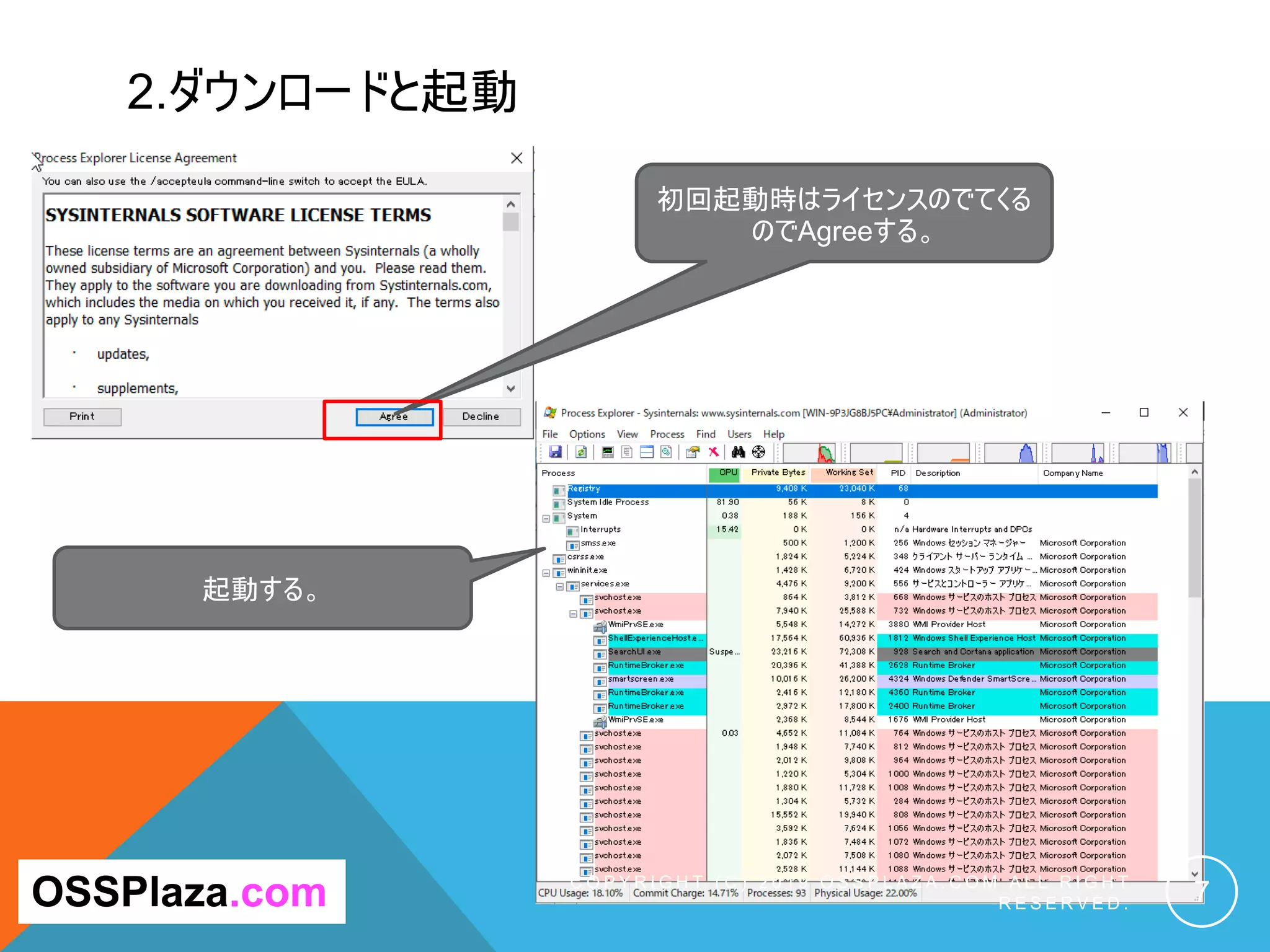 2.ダウンロードと起動
C O P Y R I G H T ( C ) 2 0 1 9 O S S P L A Z A . C O M A L L R I G H T
R E S E R V E D . 7
初回起動時はライセンスのでてくる
のでAgreeする。
OSSPlaza.com
起動する。
 