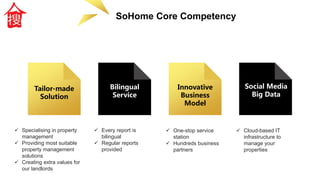 SoHome Core Competency
 Specialising in property
management
 Providing most suitable
property management
solutions
 Creating extra values for
our landlords
Tailor-made
Solution
Bilingual
Service
 Every report is
bilingual
 Regular reports
provided
Innovative
Business
Model
 One-stop service
station
 Hundreds business
partners
Social Media
Big Data
 Cloud-based IT
infrastructure to
manage your
properties
 