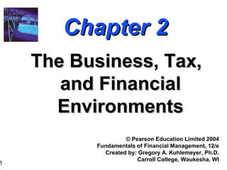 Chapter 2
    The Business, Tax,
       and Financial
      Environments
                   © Pearson Education Limited 2004
          Fundamentals of Financial Management, 12/e
            Created by: Gregory A. Kuhlemeyer, Ph.D.
                       Carroll College, Waukesha, WI
1
 