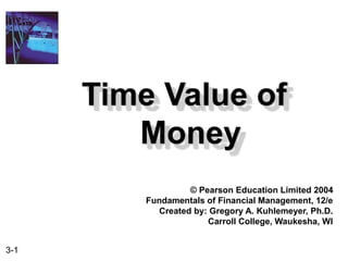 3-1
Time Value of
Money
© Pearson Education Limited 2004
Fundamentals of Financial Management, 12/e
Created by: Gregory A. Kuhlemeyer, Ph.D.
Carroll College, Waukesha, WI
 