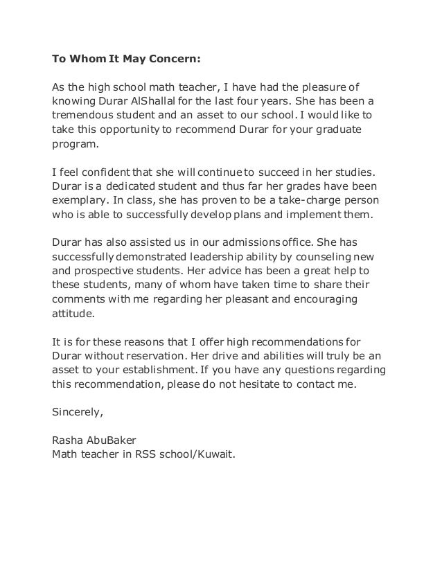 recommendation letter mrs rasha math recommendation letter