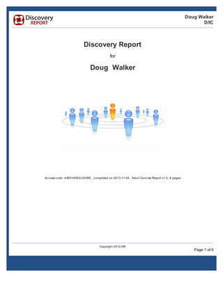 Doug Walker
D/IC
Discovery Report
for
Doug Walker
Access code: m$PI-HHSG-GVWS , completed on 2013-11-04 , Adult Concise Report v1.2, 6 pages
Copyright 2013 DR
Page 1 of 6
 