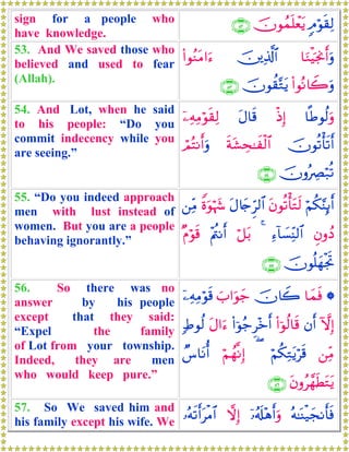 sign for a people who
have knowledge.
5Θöθs)Ï9šχθßϑn=ôètƒ∩∈⊄∪
53. And We saved those who
believed and used to fear
(Allah).
$uΖøŠpgΥr&uρš⎥⎪Ï%©!$#(#θãΖtΒ#u™
(#θçΡ%Ÿ2uρšχθà)−Gtƒ∩∈⊂∪
54. And Lot, when he said
to his people: “Do you
commit indecency while you
are seeing.”
$»Ûθä9uρøŒÎ)tΑ$s%ÿ⎯ÏμÏΒöθs)Ï9
šχθè?ù's?r&sπt±Ås≈xø9$#óΟçFΡr&uρ
šχρçÅÇö7è?∩∈⊆∪
55. “Do you indeed approach
men with lust instead of
women. But you are a people
behaving ignorantly.”
öΝä3§ΨÎ←r&tβθè?ù'tGs9tΑ%y`Ìh9$#Zοuθöκy−⎯ÏiΒ
ÈβρßŠÏ™!$|¡ÏiΨ9$#4ö≅t/÷Λä⎢Ρr&×Πöθs%
šχθè=yγøgrB∩∈∈∪
56. So there was no
answer by his people
except that they said:
“Expel the family
of Lot from your township.
Indeed, they are men
who would keep pure.”
*$yϑsùšχ%Ÿ2z>#uθy_ÿ⎯ÏμÏΒöθs%
HωÎ)βr&(#þθä9$s%(#þθã_Ì÷zr&tΑ#u™7Þθä9
⎯ÏiΒöΝä3ÏGtƒös%(öΝßγ¯ΡÎ)Ó¨$tΡé&
tβρã£γsÜtGtƒ∩∈∉∪
57. So We saved him and
his family except his wife. We
çμ≈oΨø‹yfΡr'sùÿ…ã&s#÷δr&uρωÎ)…çμs?r&tøΒ$#
 