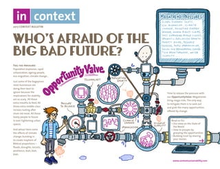 2017 CONTEXT BULLETIN
www.contextsustainability.com
WHO’S AFRAID OF THE
BIG BAD FUTURE?
Feel the pressure!
Population explosion, rapid
urbanisation, ageing people,
eco-migration, climate change…
Just some of the bogeymen
most businesses are
doing their best to
ignore because the
implications for stability
are so scary. All those
extra mouths to feed. All
those extra middle-class
incisors lusting after
more red meat. All those
lovely people to house
in ever-tightening urban
spaces.
And whoa! Here come
the effects of climate
change, bursting in
to create mayhem of
Biblical proportions –
floods, droughts, locusts,
pestilence, blah, blah,
blah.
Time to release the pressure with
our OpportunityValve. Megatrends
bring mega-risks.The only way
to mitigate them is to seek out
and grab the many opportunities
offered by change.
Read on for:
• Our view on the State of 	
the World
• How to prosper by 	
grasping the opportunities
• Building trust by sharing 	
your stories.
 