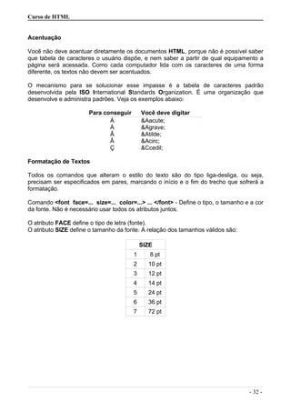 Curso de HTML
Acentuação
Você não deve acentuar diretamente os documentos HTML, porque não é possível saber
que tabela de caracteres o usuário dispõe, e nem saber a partir de qual equipamento a
página será acessada. Como cada computador lida com os caracteres de uma forma
diferente, os textos não devem ser acentuados.
O mecanismo para se solucionar esse impasse é a tabela de caracteres padrão
desenvolvida pela ISO International Standards Organization. É uma organização que
desenvolve e administra padrões. Veja os exemplos abaixo:
Para conseguir Você deve digitar
Á &Aacute;
À &Agrave;
Ã &Atilde;
Â &Acirc;
Ç &Ccedil;
Formatação de Textos
Todos os comandos que alteram o estilo do texto são do tipo liga-desliga, ou seja,
precisam ser especificados em pares, marcando o início e o fim do trecho que sofrerá a
formatação.
Comando <font face=... size=... color=...> ... </font> - Define o tipo, o tamanho e a cor
da fonte. Não é necessário usar todos os atributos juntos.
O atributo FACE define o tipo de letra (fonte).
O atributo SIZE define o tamanho da fonte. A relação dos tamanhos válidos são:
SIZE
1 8 pt
2 10 pt
3 12 pt
4 14 pt
5 24 pt
6 36 pt
7 72 pt
- 32 -
 