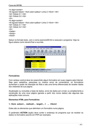 Curso de HTML
<tr align=center>
<th bgcolor=black> <font color=yellow> Linha 2 </font> </th>
<td> Célula 2-1 </td>
<td> Célula 2-2 </td>
</tr>
<tr align=center>
<th bgcolor=black> <font color=yellow> Linha 3 </font> </th>
<td> Célula 3-1 </td>
<td> Célula 3-2 </td>
</tr>
</table>
</body>
</html>
Salvar no formato texto, com o nome exercicio09.htm e executar o programa. Veja na
figura abaixo como deverá ficar a sua tela.
Formulários
Com certeza você já deve ter preenchido algum formulário em suas viagens pela Internet.
Seja para cadastros, pesquisas ou mesmo envio de comentários, os formulários
aumentam o poder de interação da Web e são uma forma diferenciada de receber dados
dos visitantes de sua página.
Atualização ou consultas a base de dados, envio de dados por e-mail, ou simplesmente a
construção de uma nova página (gerada a partir dos novos dados) são algumas das
aplicações mais comuns.
Elementos HTML para Formulários
1. <form action=... method=... target=... > ... </form>
Estes são os elementos que delimitam um formulário numa página.
O parâmetro ACTION (ação) deve conter o endereço do programa que vai receber os
dados no formulário (escrito em PHP por exemplo).
- 49 -
 