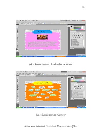 65
Modern Merit Professional : วิชาการทันสมัย ใฝ่ใจคุณธรรม น้อมนาปฏิบัติการ
รูปที่ 11 ขั้นตอนการออกแบบ “ประเพณีการรับประทานอาหาร”
รูปที่ 12 ขั้นตอนการออกแบบ “เมนูอาหาร”
 