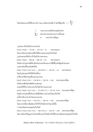 83
Modern Merit Professional : วิชาการทันสมัย ใฝ่ใจคุณธรรม น้อมนาปฏิบัติการ
โดยนาผลคะแนนที่ได้จากการทา Tally มาคิดหาค่าเฉลี่ย X โดยใช้สูตรคือ x =
N
x
x แทน คะแนนเฉลี่ยของกลุ่มตัวอย่าง
x แทน ผลรวมของคะแนนรวมทั้งหมด
N แทน จานวนข้อมูล
1.รูปแบบ เว็บไซด์ มีความน่าสนใจ
(35x5) (15x4) = 175+60 = 235÷50 = 4.7 เหมาะสมมาก
โดยการปรับขนาดตัวหนังสือให้มีความเหมาะสมกับเว็บไซด์
2.รูปภาพและสีสันใน เว็บไซด์ มีความสวยงาม
(40x5) (10x4) = 200+40 = 240÷50 = 4.8 เหมาะสมมาก
โดยมีการนารูปภาพที่เกี่ยวข้องกับภาคเหนือและการใช้สีพื้นหลังที่ดูแล้วสบายตา
3.รูปภาพกับเนื้อหาสัมพันธ์กัน
(30x5) (15x4) (3x3) (2x1) = 150+60+9+1 = 220÷50 = 4.4 เหมาะสมมาก
โดยนารูปภาพมาใส่ให้เข้ากับเนื้อหา
4.ใช้ภาษาได้อย่างถูกต้องและเหมาะสม
(26x5) (22x4) (2x3) = 130+88+6 = 224÷50 = 4.48 เหมาะสมมากที่สุด
โดยมีการเพิ่มเติมคาศัพท์ภาษาอังกฤษ
5.เพลงที่ใช้ในการประกอบเว็บไซด์ มีความเหมาะสม
(23x5) (20x4) (7x3) (1x2) = 115+80+21+2 = 218÷50 =4.36 เหมาะสมมากที่สุด
โดยมีการนาเพลงพื้นบ้านมาใส่เพื่อเพิ่มความน่าสนใจของเว็บไซด์
6.เนื้อหามีความน่าสนใจและเหมาะสม
(30x5) (18x4) (3x2) = 150+72+6 = 228÷50 = 4.56 เหมาะสมมากที่สุด
โดยการนาเนื้อหาเพิ่มเติมมาใส่ให้เว็บไซด์น่าสนใจมากยิ่งขึ้น
7.รายละเอียดครอบคลุมกับเว็บไซด์
(28x5) (19x4) (3x2) (1x1) = 140+76+6+2 = 224÷50 = 4.48 เหมาะสมมากที่สุด
โดยการค้นคว้าข้อมูลจากในหนังสือและเว็บไซด์มาใส่ให้มีรายละเอียดครอบคลุมกับเว็บไซด์
 
