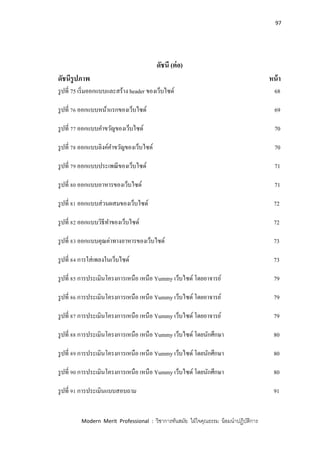 97
Modern Merit Professional : วิชาการทันสมัย ใฝ่ใจคุณธรรม น้อมนาปฏิบัติการ
ดัชนี (ต่อ)
ดัชนีรูปภาพ หน้า
รูปที่ 75 เริ่มออกแบบและสร้าง header ของเว็บไซด์ 68
รูปที่ 76 ออกแบบหน้าแรกของเว็บไซด์ 69
รูปที่ 77 ออกแบบคาขวัญของเว็บไซด์ 70
รูปที่ 78 ออกแบบลิงค์คาขวัญของเว็บไซด์ 70
รูปที่ 79 ออกแบบประเพณีของเว็บไซด์ 71
รูปที่ 80 ออกแบบอาหารของเว็บไซด์ 71
รูปที่ 81 ออกแบบส่วนผสมของเว็บไซด์ 72
รูปที่ 82 ออกแบบวิธีทาของเว็บไซด์ 72
รูปที่ 83 ออกแบบคุณค่าทางอาหารของเว็บไซด์ 73
รูปที่ 84 การใส่เพลงในเว็บไซด์ 73
รูปที่ 85 การประเมินโครงการเหนือ เหนือ Yummy เว็บไซด์ โดยอาจารย์ 79
รูปที่ 86 การประเมินโครงการเหนือ เหนือ Yummy เว็บไซด์ โดยอาจารย์ 79
รูปที่ 87 การประเมินโครงการเหนือ เหนือ Yummy เว็บไซด์ โดยอาจารย์ 79
รูปที่ 88 การประเมินโครงการเหนือ เหนือ Yummy เว็บไซด์ โดยนักศึกษา 80
รูปที่ 89 การประเมินโครงการเหนือ เหนือ Yummy เว็บไซด์ โดยนักศึกษา 80
รูปที่ 90 การประเมินโครงการเหนือ เหนือ Yummy เว็บไซด์ โดยนักศึกษา 80
รูปที่ 91 การประเมินแบบสอบถาม 91
 