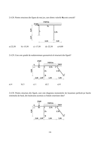 106
2.4.28. Pentru structura din figura de mai jos, care dintre valorile R2f este corectă?
a) 22,50 b) -15,50 c) -17,50 d) -22,50 e) 0,00
2.4.29. Care este gradul de nedeterminare geometrică al structurii din figură?
a) 4 b) 3 c) 1 d) 2 e) 0
2.4.30. Pentru structura din figură, care este diagrama momentelor de încastrare perfectă pe barele
sistemului de bază, din încărcarea acestuia cu forțele exterioare date?
 