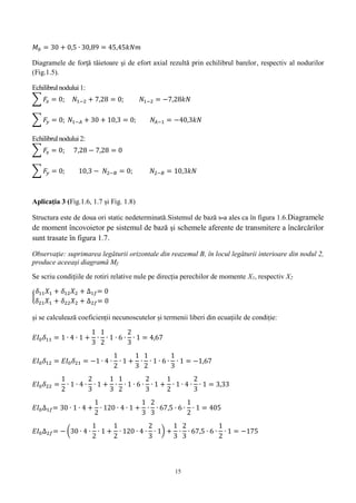 15
𝑀𝑏 = 30 + 0,5 ∙ 30,89 = 45,45𝑘𝑁𝑚
Diagramele de forţă tăietoare şi de efort axial rezultă prin echilibrul barelor, respectiv al nodurilor
(Fig.1.5).
Echilibrul nodului 1:
∑ 𝐹𝑥 = 0; 𝑁1−2 + 7,28 = 0; 𝑁1−2 = −7,28𝑘𝑁
∑ 𝐹𝑦 = 0; 𝑁1−𝐴 + 30 + 10,3 = 0; 𝑁𝐴−1 = −40,3𝑘𝑁
Echilibrul nodului 2:
∑ 𝐹𝑥 = 0; 7,28 − 7,28 = 0
∑ 𝐹𝑦 = 0; 10,3 − 𝑁2−𝐵 = 0; 𝑁2−𝐵 = 10,3𝑘𝑁
Aplicaţia 3 (Fig.1.6, 1.7 și Fig. 1.8)
Structura este de doua ori static nedeterminată.Sistemul de bază s-a ales ca în figura 1.6.Diagramele
de moment încovoietor pe sistemul de bază și schemele aferente de transmitere a încărcărilor
sunt trasate în figura 1.7.
Observaţie: suprimarea legăturii orizontale din reazemul B, în locul legăturii interioare din nodul 2,
produce aceeaşi diagramă Mf.
Se scriu condiţiile de rotiri relative nule pe direcția perechilor de momente X1, respectiv X2
{
𝛿11 𝑋1 + 𝛿12 𝑋2 + ∆1𝑓= 0
𝛿21 𝑋1 + 𝛿22 𝑋2 + ∆2𝑓= 0
și se calculează coeficienții necunoscutelor și termenii liberi din ecuațiile de condiție:
𝐸𝐼0 𝛿11 = 1 ∙ 4 ∙ 1 +
1
3
∙
1
2
∙ 1 ∙ 6 ∙
2
3
∙ 1 = 4,67
𝐸𝐼0 𝛿12 = 𝐸𝐼0 𝛿21 = −1 ∙ 4 ∙
1
2
∙ 1 +
1
3
∙
1
2
∙ 1 ∙ 6 ∙
1
3
∙ 1 = −1,67
𝐸𝐼0 𝛿22 =
1
2
∙ 1 ∙ 4 ∙
2
3
∙ 1 +
1
3
∙
1
2
∙ 1 ∙ 6 ∙
2
3
∙ 1 +
1
2
∙ 1 ∙ 4 ∙
2
3
∙ 1 = 3,33
𝐸𝐼0∆1𝑓= 30 ∙ 1 ∙ 4 +
1
2
∙ 120 ∙ 4 ∙ 1 +
1
3
∙
2
3
∙ 67,5 ∙ 6 ∙
1
2
∙ 1 = 405
𝐸𝐼0∆2𝑓= − (30 ∙ 4 ∙
1
2
∙ 1 +
1
2
∙ 120 ∙ 4 ∙
2
3
∙ 1) +
1
3
∙
2
3
∙ 67,5 ∙ 6 ∙
1
2
∙ 1 = −175
 