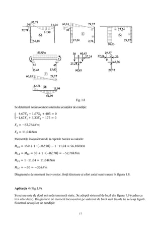 17
Fig. 1.8
Se determină necunoscutele sistemului ecuațiilor de condiție:
{
4,67𝑋1 − 1,67𝑋2 + 405 = 0
−1,67𝑋1 + 3,33𝑋2 − 175 = 0
𝑋1 = −82,78𝑘𝑁𝑚;
𝑋2 = 11,04𝑘𝑁𝑚
Momentele încovoietoare de la capetele barelorau valorile:
𝑀𝐴1 = 150 + 1 ∙ (−82,78) − 1 ∙ 11,04 = 56,18𝑘𝑁𝑚
𝑀1𝐴 = 𝑀12 = 30 + 1 ∙ (−82,78) = −52,78𝑘𝑁𝑚
𝑀21 = 1 ∙ 11,04 = 11,04𝑘𝑁𝑚
𝑀1𝐶 = −30 = −30𝑘𝑁𝑚
Diagramele de moment încovoietor, forţă tăietoare şi efort axial sunt trasate în figura 1.8.
Aplicaţia 4 (Fig.1.9)
Structura este de două ori nedeterminată static. Se adoptă sistemul de bază din figura 1.9 (cadru cu
trei articulații). Diagramele de moment încovoietor pe sistemul de bază sunt trasate în aceeași figură.
Sistemul ecuaţiilor de condiţie:
 