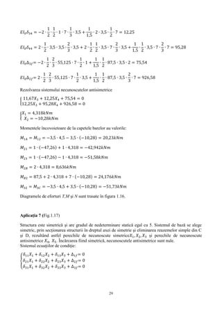29
𝐸𝐼0 𝛿34 = −2 ∙
1
2
∙
1
2
∙ 1 ∙ 7 ∙
1
3
∙ 3,5 +
1
1,5
∙ 2 ∙ 3,5 ∙
1
2
∙ 7 = 12,25
𝐸𝐼0 𝛿44 = 2 ∙
1
2
∙ 3,5 ∙ 3,5 ∙
2
3
∙ 3,5 + 2 ∙
1
2
∙
1
2
∙ 3,5 ∙ 7 ∙
2
3
∙ 3,5 +
1
1,5
∙
1
2
∙ 3,5 ∙ 7 ∙
2
3
∙ 7 = 95,28
𝐸𝐼0∆3𝑓= −2 ∙
1
2
∙
2
3
∙ 55,125 ∙ 7 ∙
1
2
∙ 1 +
1
1,5
∙
1
2
∙ 87,5 ∙ 3,5 ∙ 2 = 75,54
𝐸𝐼0∆2𝑓= 2 ∙
1
2
∙
2
3
∙ 55,125 ∙ 7 ∙
1
2
∙ 3,5 +
1
1,5
∙
1
2
∙ 87,5 ∙ 3,5 ∙
2
3
∙ 7 = 926,58
Rezolvarea sistemului necunoscutelor antisimetrice
{
11,67𝑋3 + 12,25𝑋4 + 75,54 = 0
12,25𝑋3 + 95,28𝑋4 + 926,58 = 0
{
𝑋1 = 4,318𝑘𝑁𝑚
𝑋2 = −10,28𝑘𝑁𝑚
Momentele încovoietoare de la capetele barelor au valorile:
𝑀1𝐴 = 𝑀12 = −3,5 ∙ 4,5 − 3,5 ∙ (−10,28) = 20,23𝑘𝑁𝑚
𝑀21 = 1 ∙ (−47,26) + 1 ∙ 4,318 = −42,942𝑘𝑁𝑚
𝑀23 = 1 ∙ (−47,26) − 1 ∙ 4,318 = −51,58𝑘𝑁𝑚
𝑀2𝐵 = 2 ∙ 4,318 = 8,636𝑘𝑁𝑚
𝑀 𝐵2 = 87,5 + 2 ∙ 4,318 + 7 ∙ (−10,28) = 24,176𝑘𝑁𝑚
𝑀32 = 𝑀3𝐶 = −3,5 ∙ 4,5 + 3,5 ∙ (−10,28) = −51,73𝑘𝑁𝑚
Diagramele de eforturi T,M şi N sunt trasate în figura 1.16.
Aplicaţia 7 (Fig.1.17)
Structura este simetrică şi are gradul de nedeterminare statică egal cu 5. Sistemul de bază se alege
simetric, prin secţionarea structurii în dreptul axei de simetrie şi eliminarea reazemelor simple din C
şi D, rezultând astfel perechile de necunoscute simetrice𝑋1, 𝑋2, 𝑋3 şi perechile de necunoscute
antisimetrice 𝑋4, 𝑋5. Încărcarea fiind simetrică, necunoscutele antisimetrice sunt nule.
Sistemul ecuaţiilor de condiţie:
{
𝛿11 𝑋1 + 𝛿12 𝑋2 + 𝛿13 𝑋3 + ∆1𝑓= 0
𝛿21 𝑋1 + 𝛿22 𝑋2 + 𝛿23 𝑋3 + ∆2𝑓= 0
𝛿31 𝑋1 + 𝛿32 𝑋2 + 𝛿33 𝑋3 + ∆3𝑓= 0
 