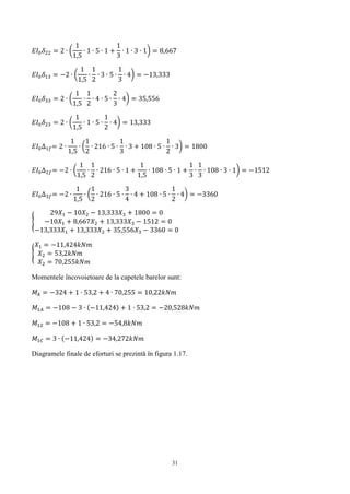31
𝐸𝐼0 𝛿22 = 2 ∙ (
1
1,5
∙ 1 ∙ 5 ∙ 1 +
1
3
∙ 1 ∙ 3 ∙ 1) = 8,667
𝐸𝐼0 𝛿13 = −2 ∙ (
1
1,5
∙
1
2
∙ 3 ∙ 5 ∙
1
3
∙ 4) = −13,333
𝐸𝐼0 𝛿33 = 2 ∙ (
1
1,5
∙
1
2
∙ 4 ∙ 5 ∙
2
3
∙ 4) = 35,556
𝐸𝐼0 𝛿23 = 2 ∙ (
1
1,5
∙ 1 ∙ 5 ∙
1
2
∙ 4) = 13,333
𝐸𝐼0∆1𝑓= 2 ∙
1
1,5
∙ (
1
2
∙ 216 ∙ 5 ∙
1
3
∙ 3 + 108 ∙ 5 ∙
1
2
∙ 3) = 1800
𝐸𝐼0∆2𝑓= −2 ∙ (
1
1,5
∙
1
2
∙ 216 ∙ 5 ∙ 1 +
1
1,5
∙ 108 ∙ 5 ∙ 1 +
1
3
∙
1
3
∙ 108 ∙ 3 ∙ 1) = −1512
𝐸𝐼0∆3𝑓= −2 ∙
1
1,5
∙ (
1
2
∙ 216 ∙ 5 ∙
3
4
∙ 4 + 108 ∙ 5 ∙
1
2
∙ 4) = −3360
{
29𝑋1 − 10𝑋2 − 13,333𝑋3 + 1800 = 0
−10𝑋1 + 8,667𝑋2 + 13,333𝑋3 − 1512 = 0
−13,333𝑋1 + 13,333𝑋2 + 35,556𝑋3 − 3360 = 0
{
𝑋1 = −11,424𝑘𝑁𝑚
𝑋2 = 53,2𝑘𝑁𝑚
𝑋2 = 70,255𝑘𝑁𝑚
Momentele încovoietoare de la capetele barelor sunt:
𝑀𝐴 = −324 + 1 ∙ 53,2 + 4 ∙ 70,255 = 10,22𝑘𝑁𝑚
𝑀1𝐴 = −108 − 3 ∙ (−11,424) + 1 ∙ 53,2 = −20,528𝑘𝑁𝑚
𝑀12 = −108 + 1 ∙ 53,2 = −54,8𝑘𝑁𝑚
𝑀1𝐶 = 3 ∙ (−11,424) = −34,272𝑘𝑁𝑚
Diagramele finale de eforturi se prezintă în figura 1.17.
 