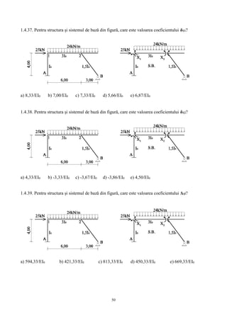 50
1.4.37. Pentru structura și sistemul de bază din figură, care este valoarea coeficientului δ11?
a) 8,33/EI0 b) 7,00/EI0 c) 7,33/EI0 d) 5,66/EI0 e) 6,87/EI0
1.4.38. Pentru structura și sistemul de bază din figură, care este valoarea coeficientului δ12?
a) 4,33/EI0 b) -3,33/EI0 c) -3,67/EI0 d) -3,86/EI0 e) 4,50/EI0
1.4.39. Pentru structura și sistemul de bază din figură, care este valoarea coeficientului Δ1f?
a) 594,33/EI0 b) 421,33/EI0 c) 813,33/EI0 d) 450,33/EI0 e) 669,33/EI0
 