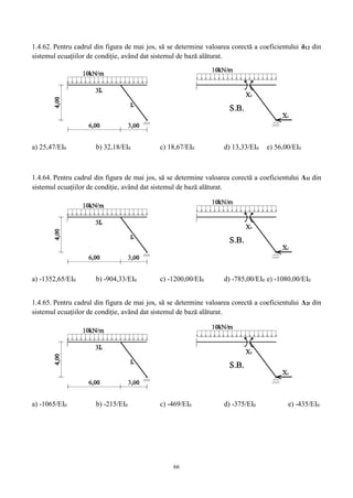 66
1.4.62. Pentru cadrul din figura de mai jos, să se determine valoarea corectă a coeficientului δ12 din
sistemul ecuațiilor de condiție, având dat sistemul de bază alăturat.
a) 25,47/EI0 b) 32,18/EI0 c) 18,67/EI0 d) 13,33/EI0 e) 56,00/EI0
1.4.64. Pentru cadrul din figura de mai jos, să se determine valoarea corectă a coeficientului Δ1f din
sistemul ecuațiilor de condiție, având dat sistemul de bază alăturat.
a) -1352,65/EI0 b) -904,33/EI0 c) -1200,00/EI0 d) -785,00/EI0 e) -1080,00/EI0
1.4.65. Pentru cadrul din figura de mai jos, să se determine valoarea corectă a coeficientului Δ2f din
sistemul ecuațiilor de condiție, având dat sistemul de bază alăturat.
a) -1065/EI0 b) -215/EI0 c) -469/EI0 d) -375/EI0 e) -435/EI0
 